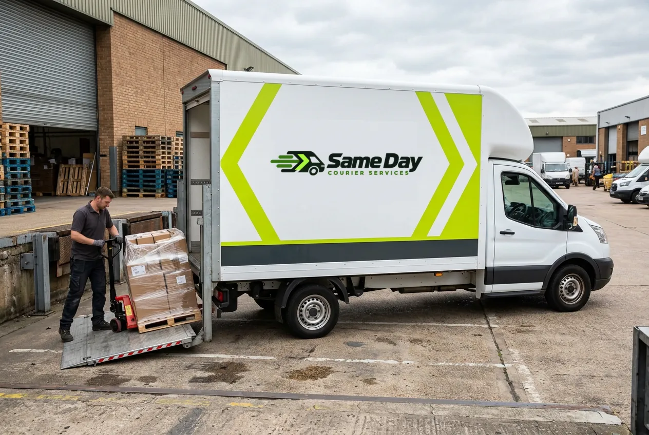 Wrapped pallet on the tail lift of a Same Day Courier Services Luton van