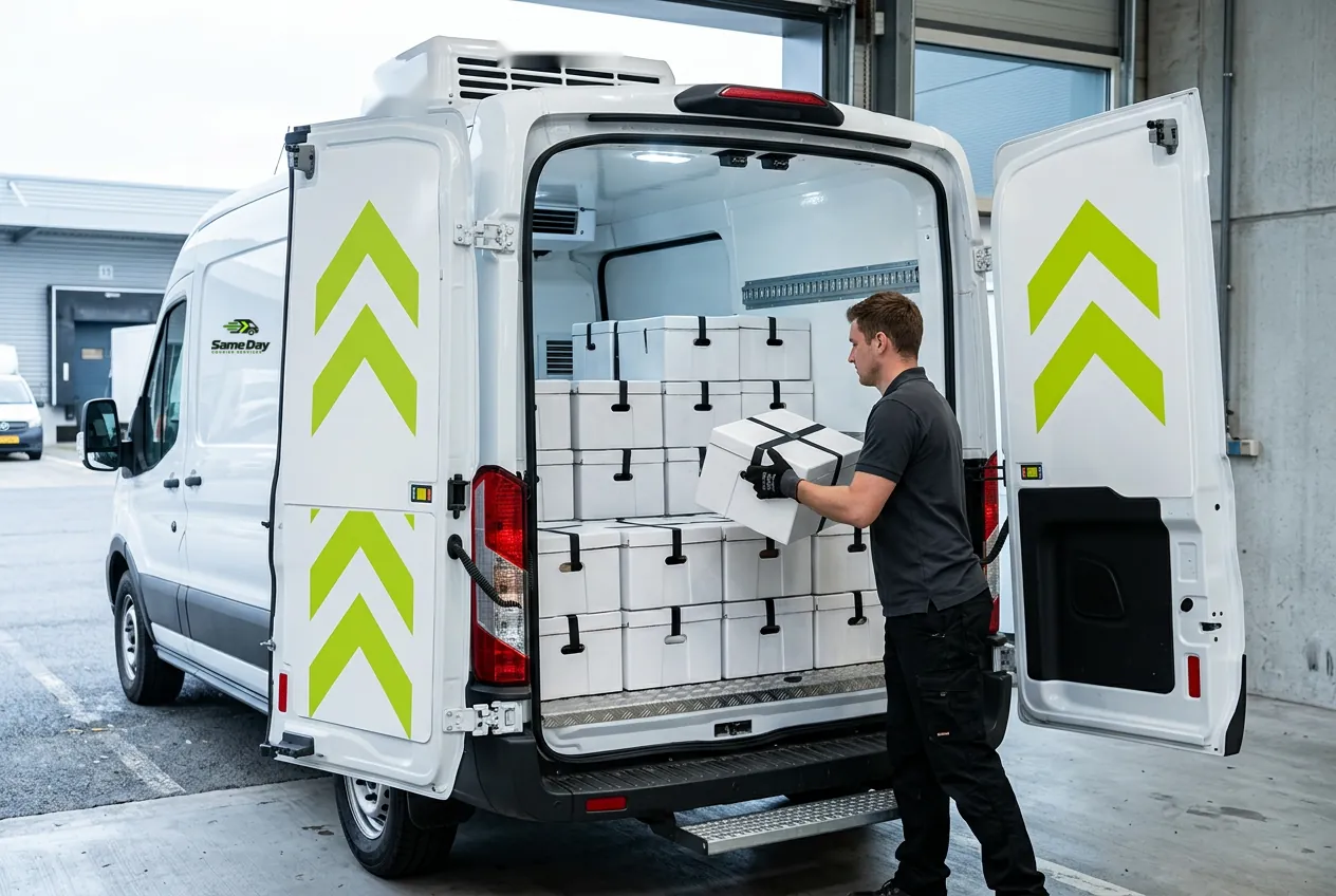 Courier loading chilled boxes into a refrigerated van